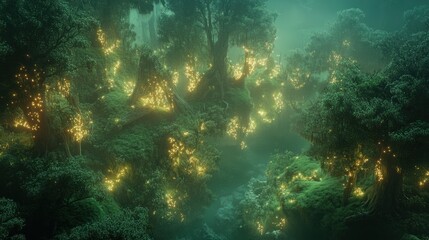 Naklejka premium Mystical ethereal forest with glowing orbs illuminating ancient trees branches