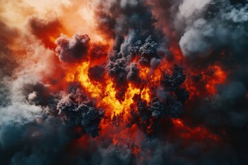 Fototapeta premium Dramatic Fire Explosion with Deep Red and Gold Flames Against Dark Background