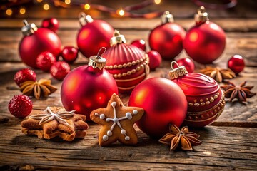 Festive Red Christmas Ornaments with Festive Treats on Rustic Wooden Background