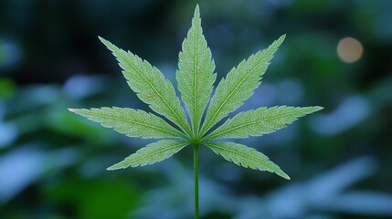 Close-up of a vibrant green seven-lobed leaf against a blurred background.