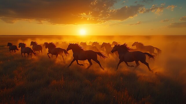 Herd of wild mustangs running across a golden prairie at sunset cinematic shot with dust clouds rising behind them