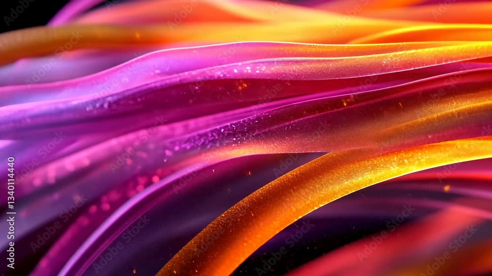 Poster abstract digital art of flowing colorful ribbons with dynamic light effects over black background