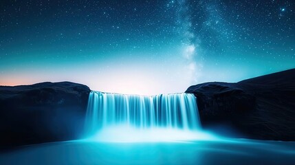 Waterfall landscape concept. A stunning waterfall under a starry night sky, showcasing nature's beauty and serenity.