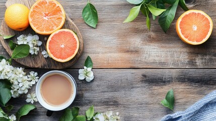 A warm morning scene with a breakfast spread featuring citrus and coffee