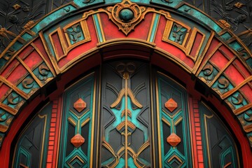 Obraz premium A vibrant Art Deco theater marquee with intricate metalwork, geometric lettering, and bold patterns