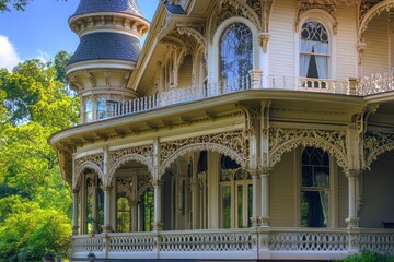 Obraz premium A Victorian-style mansion featuring ornate spindles, decorative brackets, and a tower with conical roofing