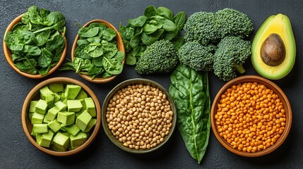 Fresh green leafy vegetables and legumes.  Healthy and nutritious food choices