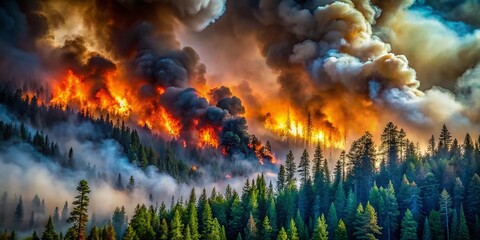 Fototapeta premium Fiery Forest Inferno: Dramatic Mist-Shrouded Wildfire Landscape