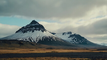 Fototapeta premium Snowy Mountain Peak Landscape Under Cloudy Sky in Iceland