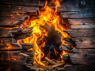 Fiery Inferno: Burnt Wood Hole with Visible Flames - Stock Photo