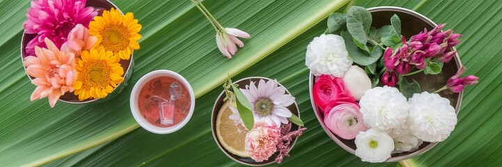 Fototapeta premium Fresh Floral Arrangements and Refreshing Beverages on Green Leaves