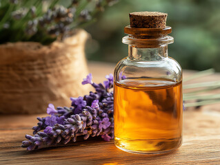 Lavender oil in glass bottle with rustic decor and flower.