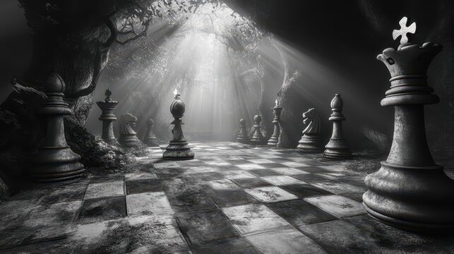 An atmospheric chess game played within a mystical forest setting