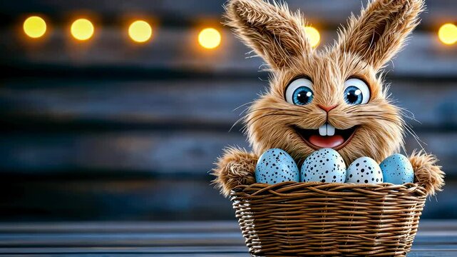 Cheerful easter bunny with decorative eggs in a cozy setting