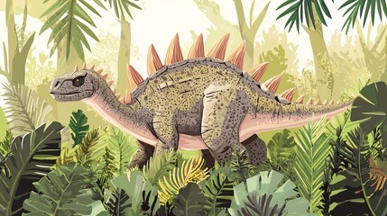 Highly detailed vector of a stegosaurus surrounded by prehistoric plants