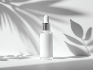 Minimalist skincare bottle with leaf shadows in soft light.