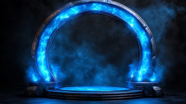 Futuristic blue portal with smoky background.
