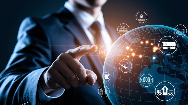 Businessman Engaging with Virtual Global Logistics and Transport Data