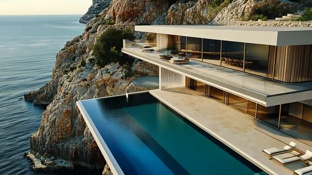 Seaside modern luxury villa perched dramatically on a cliff with an infinity pool