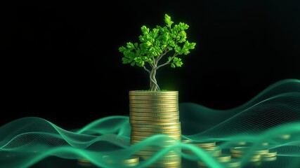 Green Tree Growing on Stack of Coins with Abstract Waves in Background