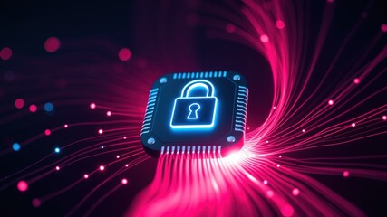 Digital Lock Icon on Circuit Board with Glowing Neon Lines