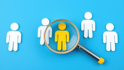 Yellow figure under magnifying glass among white figures on blue background