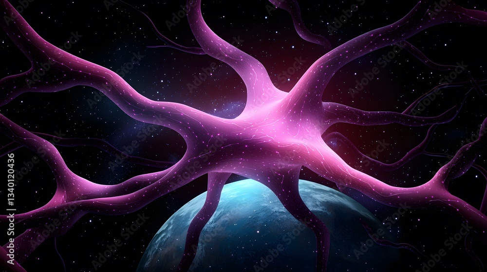 Aufkleber the image shows a large, glowing purple neuron-like structure extending over a small planet, set aga