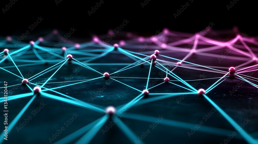 Poster the image shows a network of interconnected nodes, represented as glowing spheres linked by luminous