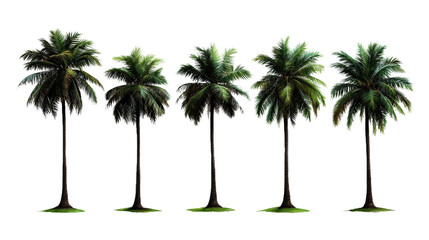 Five palm trees are shown in a row, each with a different height and angle