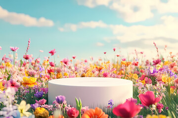 Floral Podium: A serene floral meadow with a white podium, perfect for product displays and presentations against a backdrop of a clear blue sky. 