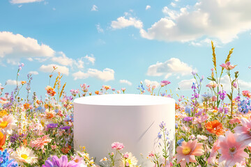 Springtime Platform Display: A cylindrical platform sits amidst a vibrant meadow of colorful wildflowers under a bright blue sky dotted with fluffy clouds, ideal for product display and showcasing.
