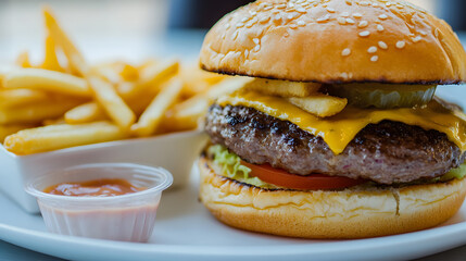 Beef burger stacked with cheese, bacon, and fresh vegetables, captured in a restaurant setting, showcasing a delicious meal composition.	