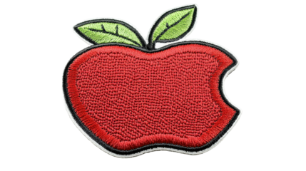A red apple with green leaves embroidered on it