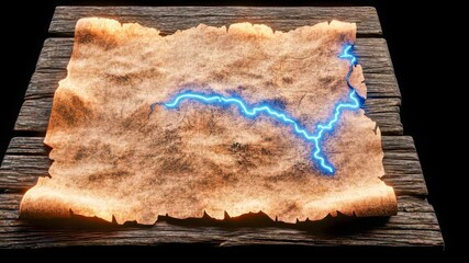 Ancient treasure map illuminated by electric blue energy - Powered by Adobe