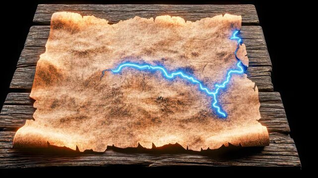 Ancient treasure map illuminated by electric blue energy