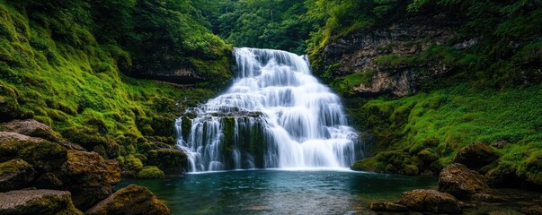 Fototapeta premium Waterfall landscape concept. A serene waterfall cascading into a tranquil pool surrounded by lush greenery.