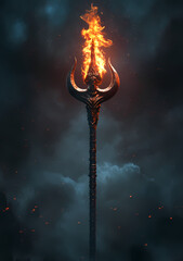 Fiery Trident: A striking trident with flames emanating from its tip against a dramatic, moody background, capturing the essence of power and mystique.