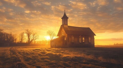 A golden sunrise casting warm light over an old wooden church on Easter Sunday