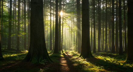 Obraz premium Sunlight Streaming Through Forest Trees Creating a Magical, Natural Pathway