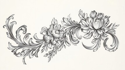 Detailed monochrome floral flourish illustrated with leaves and curls