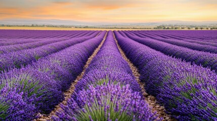 Obraz premium Macro flowers landscapes idea. Vibrant lavender fields stretch under a colorful sunset sky, showcasing natural beauty.