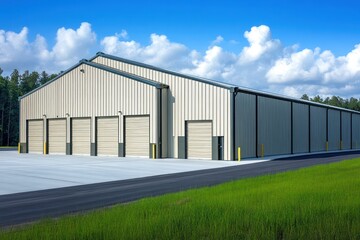 Fototapeta premium Functional storage facility with light-colored steel walls, clean lines, and a paved access road