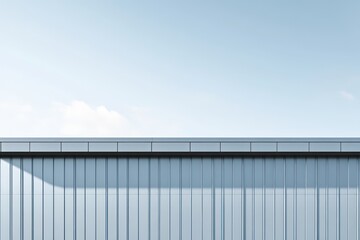 Fototapeta premium Functional warehouse exterior featuring light gray metal panels, a flat roof, and minimal design elements