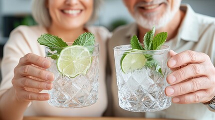 Close up of hands of elderly couple woman and man holding glasses with refreshing summer drink mojito with lime, ice and mint.