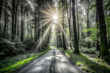 Obraz premium Sunbeams Through Forest Canopy on Road