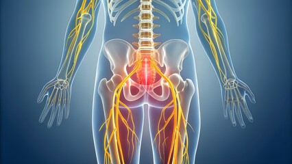 A medical illustration showing the human skeleton, nerves, and highlighting a pain area in the lower back and legs.