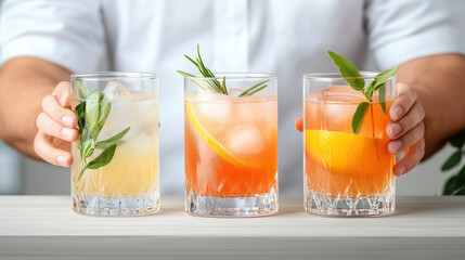 Close-up of man hand holding several glass with refreshing summer alcoholic cocktails with ice and orange slice at the table indoors.
