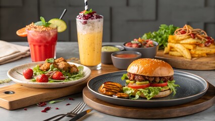 A vibrant and appetizing still life featuring a variety of food and drinks