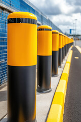 Brightly colored road barriers lined up along parking lot, showcasing safety features and urban design