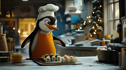 Cute penguin chef prepares sushi in a festive kitchen